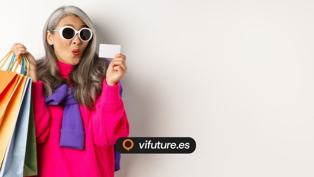 Mujer con bolsas y tarjeta para diseño web tienda online