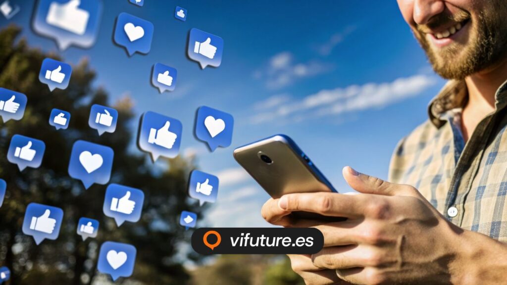 Hombre con móvil e iconos de me gusta para agencia facebook ads