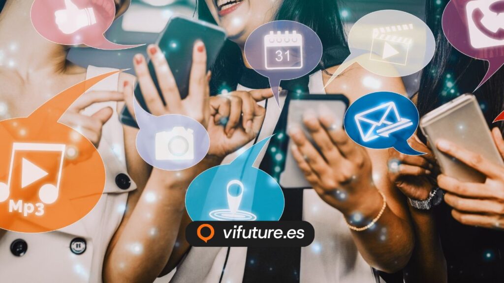 Personas con móviles e iconos para gestion de redes