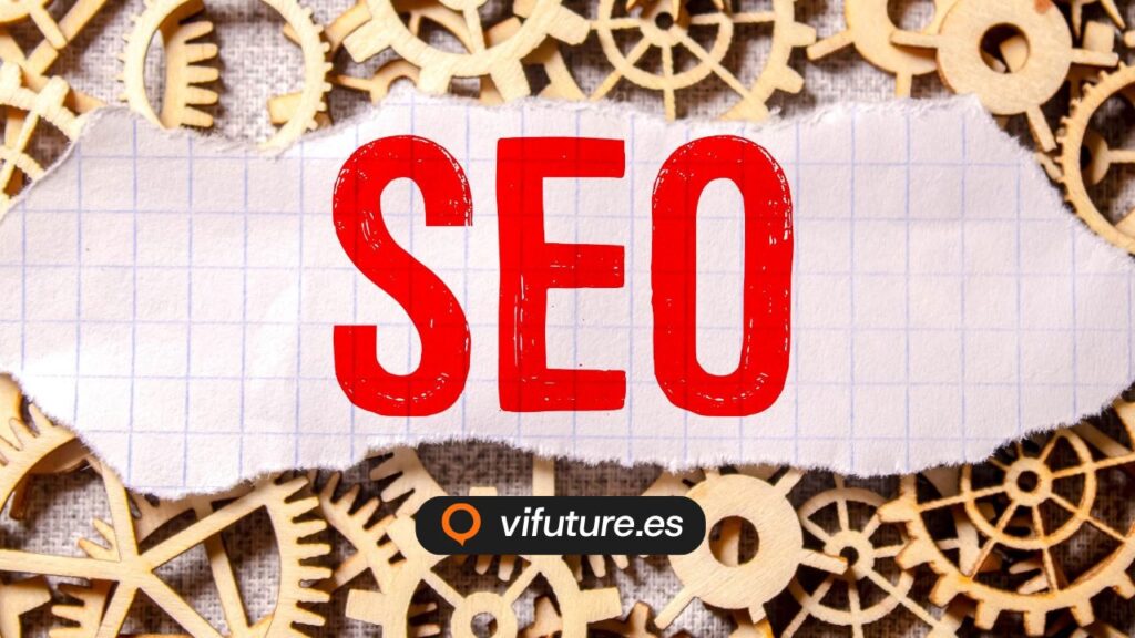 Letras SEO sobre fondo de engranajes para agencia google adwords