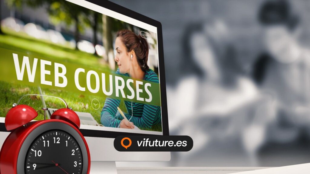 Monitor con cursos y reloj para diseño y desarrollo de tiendas online