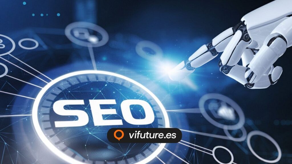 Brazo robótico señalando gráfico SEO para posicionamiento seo