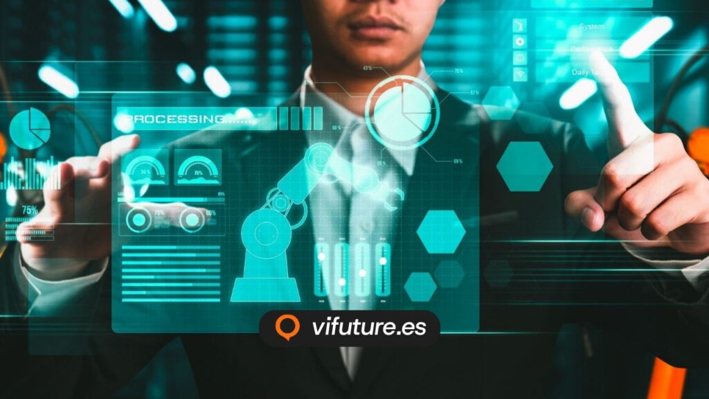 Hombre interactuando con pantalla futurista para desarrolladores web