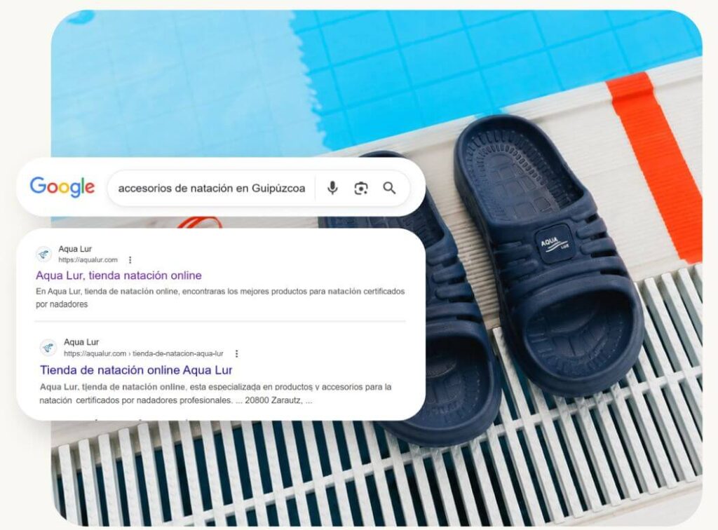 Chanclas en borde de piscina junto a ventana de búsquedas de posicionamiento seo
