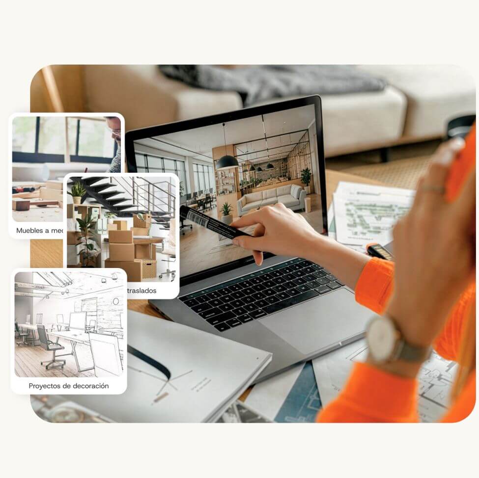 Diseño web con persona señalando portátil y ventanas emergentes de interiorismo