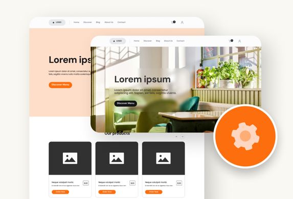 Diseño de página web con secciones de restaurante, texto de relleno e icono naranja de engranaje