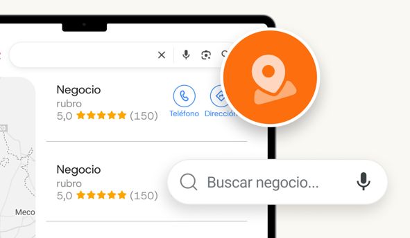 Interfaz de negocios con valoraciones e icono de ubicación en seo local google