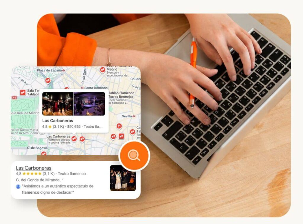 Manos de mujer escribiendo en portátil para estrategia de agencia seo local