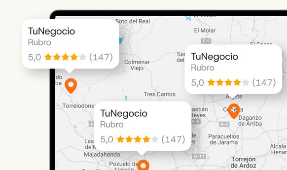 Mapa digital con varios marcadores naranjas y fichas de negocio con valoraciones de cinco estrellas
