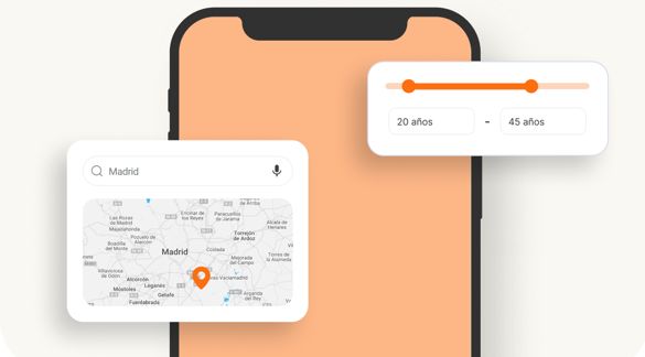 Móvil con mapa de Madrid y selector de edad para agencia adwords