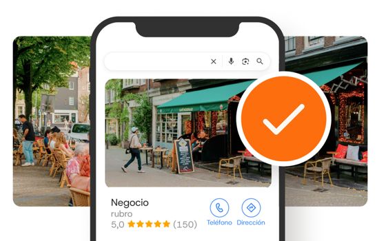 Pantalla móvil con mapa de negocio local para servicios de posicionamiento web