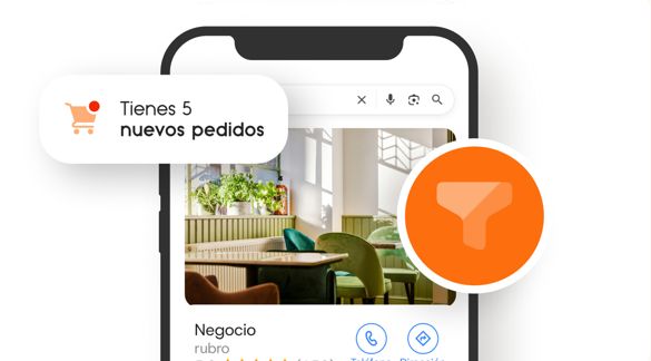 Pantalla móvil con perfil de negocio, pedidos y anuncios en facebook