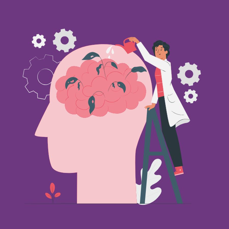 Ilustración de persona regando planta en cerebro para diseño de páginas web