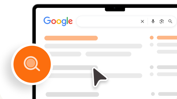 Vector de pantalla con búsqueda en Google y lupa para agencia marketing online